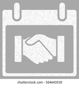 Handshake Calendar Day grainy textured icon for overlay watermark stamps. Flat symbol with scratched texture. Dotted vector white ink rubber seal stamp with grunge design on a silver background.