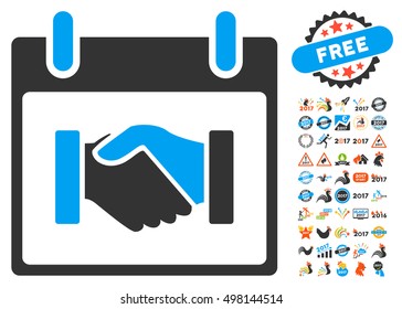 Handshake Calendar Day icon with bonus calendar and time management graphic icons. Vector illustration style is flat iconic symbols, blue and gray colors, white background.