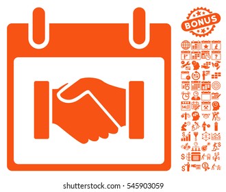 Handshake Calendar Day icon with bonus calendar and time management pictograms. Vector illustration style is flat iconic symbols, orange, white background.