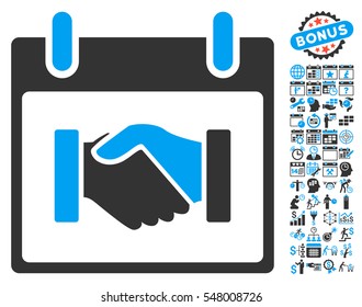 Handshake Calendar Day icon with bonus calendar and time management graphic icons. Vector illustration style is flat iconic symbols, blue and gray, white background.