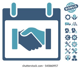 Handshake Calendar Day pictograph with bonus configuration design elements. Vector illustration style is flat iconic symbols, cyan and blue, white background.