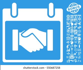 Handshake Calendar Day pictograph with bonus calendar and time management symbols. Vector illustration style is flat iconic symbols, white, blue background.