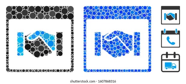 Handshake calendar page composition of circle elements in variable sizes and color tints, based on handshake calendar page icon. Vector circle elements are composed into blue mosaic.