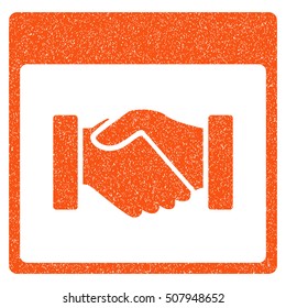 Handshake Calendar Page grainy textured icon for overlay watermark stamps. Flat symbol with unclean texture. Dotted vector orange ink rubber seal stamp with grunge design on a white background.