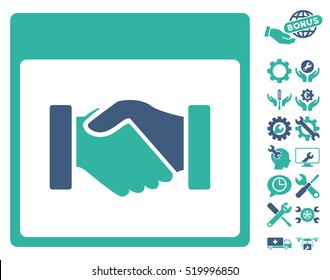Handshake Calendar Page icon with bonus configuration pictures. Vector illustration style is flat iconic symbols, cobalt and cyan, white background.