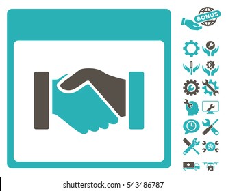 Handshake Calendar Page pictograph with bonus setup tools graphic icons. Vector illustration style is flat iconic symbols, grey and cyan, white background.