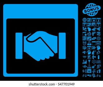 Handshake Calendar Page pictograph with bonus calendar and time management design elements. Vector illustration style is flat iconic symbols, blue, black background.