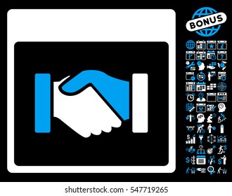 Handshake Calendar Page pictograph with bonus calendar and time management design elements. Vector illustration style is flat iconic symbols, blue and white, black background.