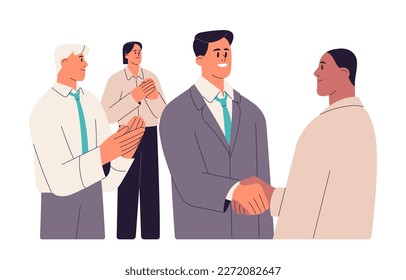 Handshake for career promotion. Colleagues congratulating employee, best manager with professional growth, business success, shaking hands. Flat vector illustration isolated on white background