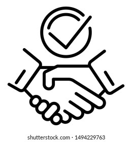 Handshake check icon. Outline handshake check vector icon for web design isolated on white background