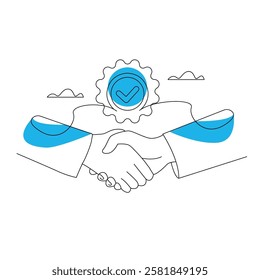 Handshake check icon. Outline handshake check vector icon for web design isolated on white background. continious line art.