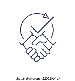 Handshake And Check Mark. An Example Of Successful Cooperation. Vector Linear Icon Isolated On White Background.