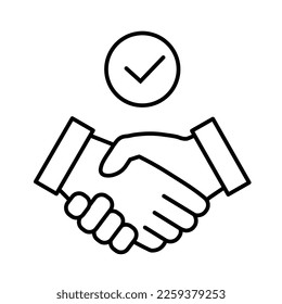 Handshake mit Häkchen Symbol in flachem Stil. Verpflichtung dünne Linie Symbol einzeln auf weißem Hintergrund. Einfach abstraktes Deal-Symbol in Schwarz. Vektorgrafik für Grafikdesign, Web, UI, Mobile App.