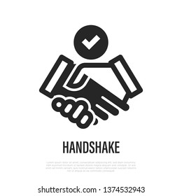 Handshake with check mark thin line icon. Symbol of deal, contract, resolution. Vector illustration.