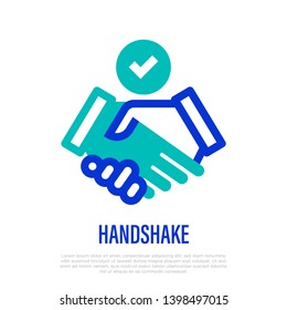 Handshake with check mark thin line icon. Symbol of deal, contract, resolution. Vector illustration.