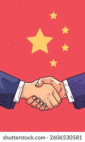 Handshake with China flag background symbolizes trade agreement business partnership diplomacy red backdrop suits