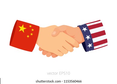 Handshake of Chinese and American political leaders. Isolated vector icon of meeting and talks between China and USA. Two hands of Western and East Asian politicians. Sleeves are decorated by flags.