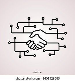 Handshake, circuit board. Digital business linear icon. Thin line illustration. Online partnership and business deal. Contour symbol. Vector isolated outline drawing. 