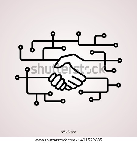 Handshake, circuit board. Digital business linear icon. Thin line illustration. Online partnership and business deal. Contour symbol. Vector isolated outline drawing. 