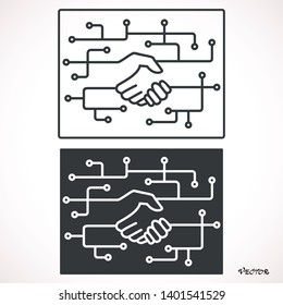 handshake, circuit board, icon vector black isolated on white background.