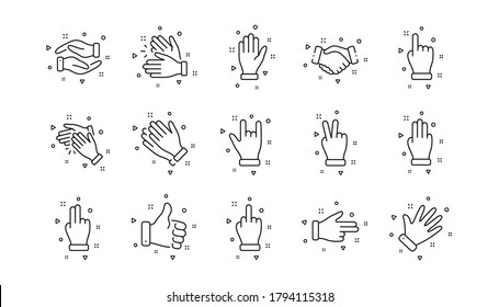 Handschütteln, Händeklatschen, Sieg. Handgesten, Zeilensymbole. Hörner, Zeig den Finger nach oben, ziehe Symbole. Spende Handgesten, Mittelfinger, Hilfe Hand. Lineares Set. Geometrische Elemente. Vektorgrafik