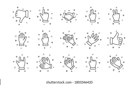 Handshake, Clapping hands, Victory. Hand gestures line icons. Horns, Thumb up finger, drag and drop icons. Donation hand gestures, click, helping hand. Linear set. Geometric elements. Vector