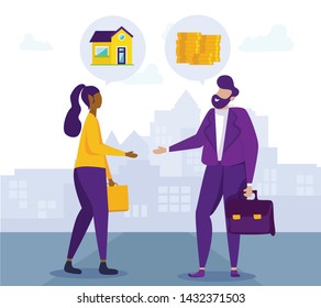 Handshake Client and Broker. Housing Installments. Vector Illustration. Coin and Banknote. Saving. White Background. New Housing. Seller and Buyer. Broker and Client. Handshake Man and Women.