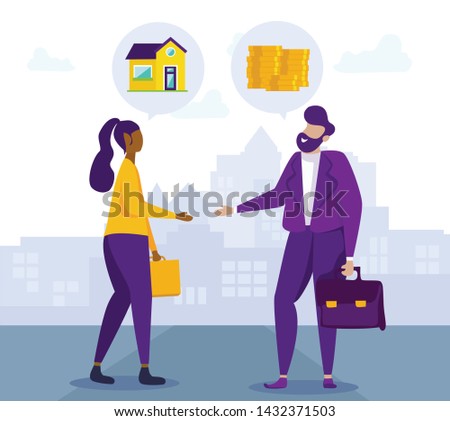 Handshake Client and Broker. Housing Installments. Vector Illustration. Coin and Banknote. Saving. White Background. New Housing. Seller and Buyer. Broker and Client. Handshake Man and Women.