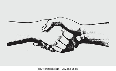 Handshake-Clipart. Illustration der Vereinbarung. Freunde Handschlag Skizze Gravur Vektorgrafik. Handgezeichnetes Bild in Schwarz und Weiß. Freundschaftsgestaltung.