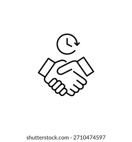Apretón de manos y reloj. Reuniones puntuales, Acuerdos puntuales y acuerdos comerciales. Icono de Vector de trazo perfecto y editable