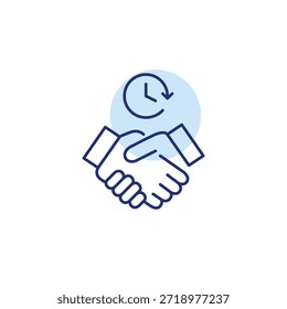 Handschlag und Uhr. Pünktliche Besprechungen, rechtzeitige Vereinbarungen und Geschäftsabschlüsse. Pixel perfekt, bearbeitbares Strichvektorsymbol