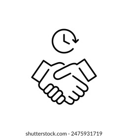 Handshake and clock. Scheduled business meeting. Time-bound agreement with deadline. Pixel perfect vector icon