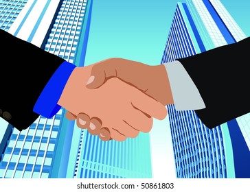 Handshake close up, against the background of modern business buildings