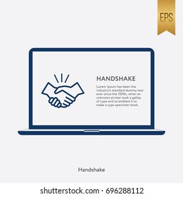 Handshake Cloud Icon and Laptop Symbol. Flat Isolated Silhouette