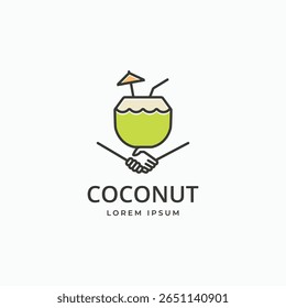 Handshake with coconut drink logo design. Hand and fresh coconut water summer beach holiday symbol logo icon vector illustration