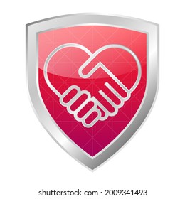Handshake collaboration heart shape on a red shield with metal frame logo. Business agreement concept icon. Isolated vector illustration.
