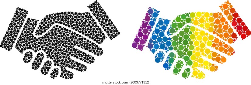 Handshake collage icon of circle spots in different sizes and rainbow color tones. A dotted LGBT-colored handshake for lesbians, gays, bisexuals, and transgenders.