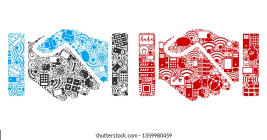 Handshake collage icons created for bigdata illustrations. Vector handshake mosaics are united from computer, calculator, connections, wi-fi, network icons into abstract illustration.