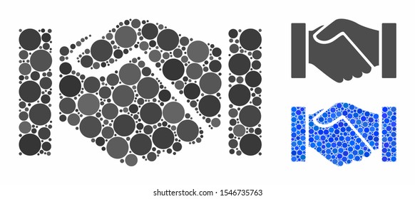 Handshake composition of filled circles in variable sizes and color tinges, based on handshake icon. Vector filled circles are grouped into blue mosaic.