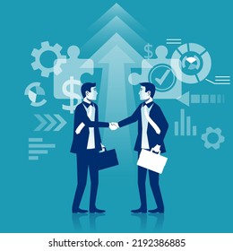 Handshake concept. Business meeting. Two businessmen in suits push a handshake, as symbol of successful deal, partnership. Vector illustration flat design isolated on background. Professional people.