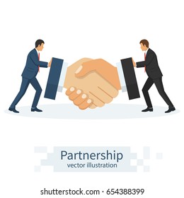 Handshake concept. Business meeting. Two businessmen in suits push a handshake, as symbol of successful deal, partnership. Vector illustration flat design isolated on background. Professional people.