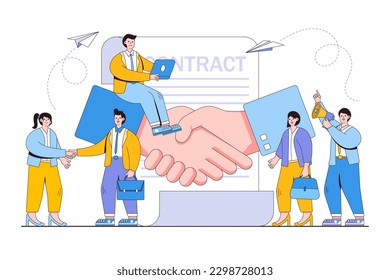 Handshake, conclusion of a contract, successful partnership, cooperation concept with business people character. Outline design minimal vector illustration for landing page, web banner, infographics.
