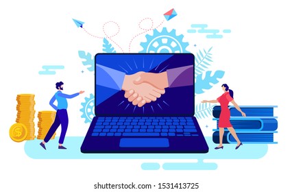 handshake and congratulations in computer with people celebrating teamwork flat vector illustration