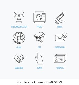 Handshake, Contacts And Gps Satellite Icons. Pencil, Photo Camera And Mail Linear Signs. Telecommunication Station Flat Line Icons. Linear Set Icons On White Background.