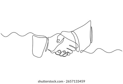 Handshake linha contínua desenho dois homens de negócios apertando as mãos. ilustração vetor estilo de arte de linha.