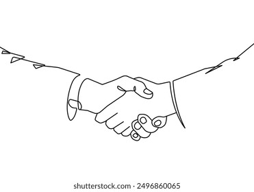 Handshake Continuous One Line Drawing Black Lines Isolated Sketch on White Background. Partnership Concept with Outline Hands Minimalist Vector Illustration	