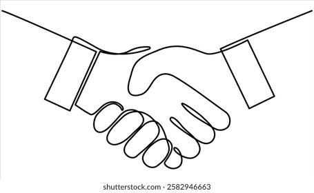 Handshake continuous one line drawing. wo businessmen shaking hands. Continuous one line drawing illustration vector. One line drawing of a handshake drawn with a single line.