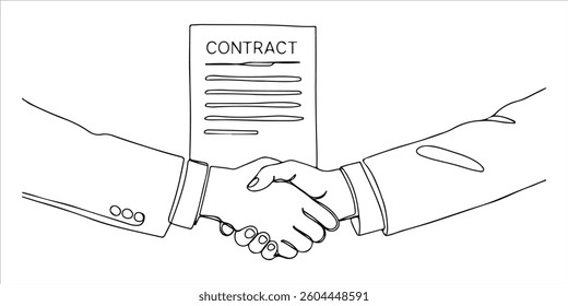 Handshake with contract continuous single line art drawing sketch on white background