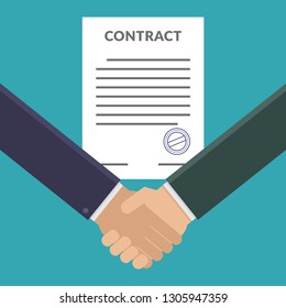 Handshake and contract letter flat design vector illustration