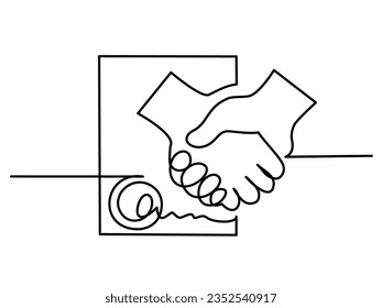 Handshake contract line icon. International agreement concept with check mark. World partnership linear symbol. Continuous one line drawing. Vector outline illustration